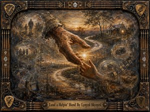 Two weathered hands reach toward each other across a winding rural road, surrounded by translucent memory bubbles, distant figures, an old farmhouse, and fading vehicles. Warm amber, bronze, charcoal, and muted blue tones glow through smoky twilight haze. Rich painterly textures, musical motifs, and an ornate handcrafted frame create a nostalgic, compassionate atmosphere.