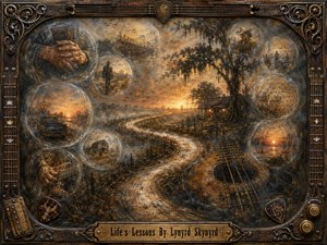 A richly textured, sepia-toned painting follows a winding S-curve road through a hazy rural landscape toward a glowing sunset. Translucent memory bubbles reveal weathered hands, musicians, old vehicles, buildings, and distant figures. An ornate wood-and-metal guitar-themed frame, warm amber light, smoky blues, and aged textures create a reflective, nostalgic mood.