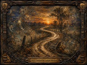A winding S-shaped road flows through a hazy Southern landscape toward a glowing amber sunset, symbolizing memory, endurance, and time. Weathered browns, bronze, smoky blue, and muted gold create a reflective mood. Translucent bubbles, feathered wisps, guitar-string curves, and textured brushwork blend seamlessly within an ornate carved wood-and-metal frame.