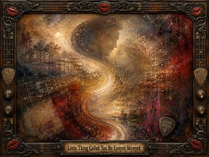 An ornate mixed-media painting evokes love, memory, and musical legacy through a glowing S-curve of amber light, drifting haze, faded faces, guitar-string arcs, handwritten traces, and distant trees. Rich rust, gold, plum, brown, and smoky blue tones surround the dreamlike imagery, framed by carved wood, wrought metal, red lips, picks, and instrument hardware.