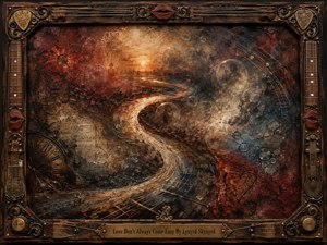 A richly textured mixed-media painting follows a luminous S-curve through drifting haze, translucent memory bubbles, faint musical markings, and weathered abstract forms. Deep rust, burgundy, sepia, charcoal, and muted blue create a reflective, bittersweet mood, framed by carved wood, tarnished metal, guitar details, red lips, and a centered title plate.