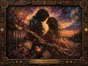 A richly textured romantic painting shows two shadowed figures leaning close beneath a glowing Southern sunset, surrounded by drifting rose petals, musical notes, and swirling translucent ribbons. Deep burgundy, amber, violet, and midnight blue create a bittersweet mood, while an ornate wood-and-bronze guitar-inspired frame completes the dramatic, handcrafted composition.