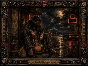 A weary outlaw musician sits beneath a shadowed hat, gripping a battered guitar beside a rain-slick Southern roadside. Warm amber windows, crimson neon, moonlit clouds, and a distant vintage car contrast with deep browns and blacks. Rich painterly textures, dramatic reflections, a perched raven, and ornate rock-inspired framing create a gritty, brooding atmosphere.