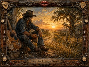 A weathered Southern musician rests beside a battered acoustic guitar, gazing across a winding country road toward a radiant golden sunset. Rich amber, brown, blue, and bronze tones create a reflective, grateful mood. Painterly textures, glowing grasses, birds, rustic signs, and an ornate music-themed frame reinforce themes of resilience, fortune, and hard-earned peace.