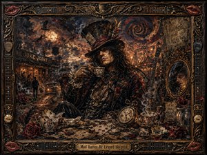 A brooding Mad Hatter rocker lounges at a cluttered tea table, centered within a richly ornamented frame, while a moonlit juke joint and glowing carnival swirl behind him. Deep rust, bronze, crimson, and smoky blue tones, dramatic lamplight, broken china, playing cards, roses, and antique details create a dark, surreal painted atmosphere.