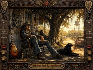 A richly detailed Southern rock painting shows two long-haired men relaxing on a shaded porch beneath a moss-draped tree, with a guitar, whiskey, black dog, vintage truck, and dusty roadside beyond. Warm golden sunlight contrasts deep blue-brown shadows, while an ornate weathered frame adds carved wood, bronze, strings, red lips, and instrument hardware.