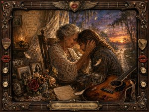 An elderly mother tenderly cradles her grown son in a poignant farewell, surrounded by family photographs, roses, feathers, a handwritten note, and a worn acoustic guitar. Warm amber lamplight meets a violet-orange sunset beyond a rural road, creating a nostalgic, sorrowful mood within an ornate, weathered Southern rock-inspired frame.