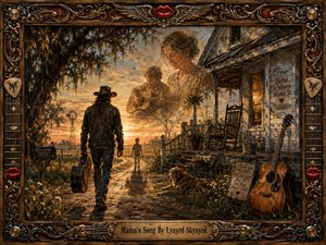 A richly painted Southern sunset scene shows a long-haired traveler carrying a guitar case toward a weathered farmhouse, while glowing memories of a mother and young guitarist hover above. Warm amber light, dusty earth tones, wildflowers, a resting dog, porch details, and an ornate music-themed frame create a nostalgic, heartfelt atmosphere.