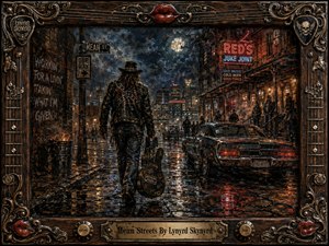 A lone guitarist walks down a rain-slicked city street at night, framed by neon bar signs, shadowy figures, and a weathered muscle car. Painted in a dark, textured Southern rock noir style, the scene glows with moonlight, amber streetlamps, and red reflections, enclosed by an ornate guitar-themed decorative frame.
