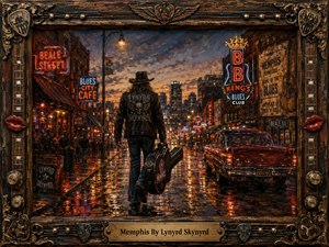 A lone guitarist in a Lynyrd Skynyrd jacket walks down a rain-slick Beale Street at dusk, carrying a guitar case through glowing Memphis neon and blues-club lights. Painted in a richly textured, dramatic style, the scene glows with amber, crimson, and cobalt reflections, enclosed by an ornate rock-and-roll frame with lips, strings, picks, and knobs.