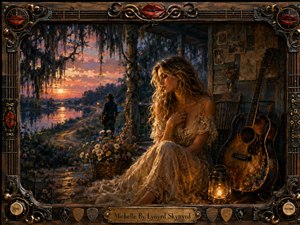 A wistful blonde woman in a flowing lace dress sits on a weathered Southern porch beside a worn acoustic guitar and glowing lantern. Beyond her, a lone musician faces a fiery riverside sunset beneath hanging moss. Warm amber, rose, and indigo tones enhance the romantic, painterly mood, framed with ornate musical details.