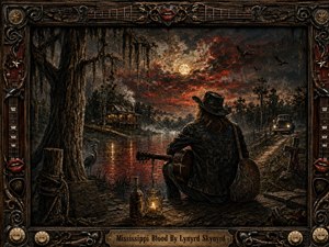 A lone guitarist sits beside a moonlit Mississippi swamp, surrounded by moss-draped trees, glowing water, a distant cabin, and an approaching vintage truck. Deep browns, black-green shadows, crimson skies, and amber lantern light create a brooding Southern Gothic mood. An ornate guitar-themed frame completes the richly textured, painterly composition.