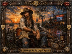A rugged young guitarist sits beside a muddy Mississippi roadside at sunset, framed by a glowing riverboat, Spanish moss, and a lively juke joint. Rich amber, copper, and deep blue tones bathe the scene in dramatic light. The painting is textured and soulful, with an ornate musical frame, neon details, and Southern rock symbolism.