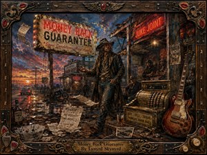 A rugged drifter stands outside a weathered Southern juke joint and pawn shop at dusk, surrounded by glowing neon, wet pavement, receipts, cards, coins, and a vintage guitar. Rich rust, amber, crimson, and smoky blue tones create a gritty, cinematic mood, framed by ornate wood, bronze, iron, and musical details.