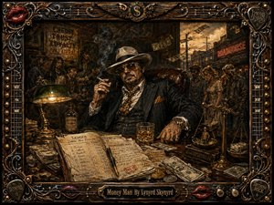 A swaggering money man lounges behind a cluttered desk in a smoky Southern roadhouse office, surrounded by ledgers, whiskey, cash, coins, and a brass scale. Warm amber light cuts through deep browns and bronze shadows, while an ornate guitar-themed frame, red lips, and weathered metal details heighten the gritty, decadent painted drama.
