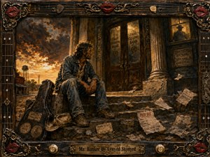 A weary working man sits outside an imposing small-town bank at sunset, surrounded by overdue bills, scattered coins, a battered hat, and a worn guitar case. Rich amber, brown, and faded blue tones create a somber, defiant mood, framed by ornate weathered wood, bronze, guitar hardware, and red lips.