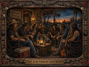 A richly textured, hand-painted scene shows a circle of long-haired Southern rock musicians relaxing on a rustic porch at sunset, gathered around a lantern-lit table with guitars, bottles, and weathered signs. Warm amber light, deep blues, and earthy browns create a nostalgic, brotherly mood, all enclosed by an ornate music-themed frame.