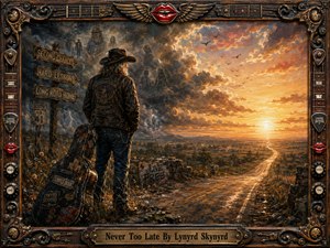 A weathered musician stands beside a battered guitar case, gazing down a winding highway toward a brilliant golden sunrise while storm clouds and ghostly memories fade behind him. Rich browns, bronze, amber, and smoky blue create a reflective, hopeful mood, framed by ornate carved wood, wrought iron, guitar hardware, red lips, and a centered title plate.