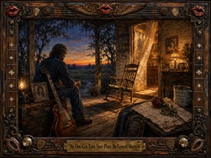 A contemplative man sits on a weathered Southern porch at sunset beside a guitar and framed photograph, facing an empty rocking chair glowing in warm lamplight. Rich amber, blue, and brown tones heighten the nostalgic mood. Detailed oil-paint textures, handwritten letters, roses, musical motifs, and an ornate rustic frame suggest enduring love and memory.