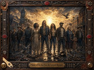 A diverse group stands united on a weathered Southern street beneath a radiant golden sky, their solemn expressions conveying resilience, solidarity, and hope. Broken chains lie across reflective pavement while birds rise overhead. Rich umbers, charcoal blues, bronze, and warm light create a dramatic oil-painted scene framed with ornate musical details.