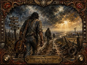 A lone, road-worn guitarist strides along a muddy country path beneath turbulent storm clouds, following distant travelers toward a burst of golden light. Earthy browns, smoky blues, rust, and amber create a gritty, hopeful mood. Thick painterly textures, broken fences, a farmhouse, windmill, and ornate guitar-themed frame reinforce perseverance and Southern rock character.