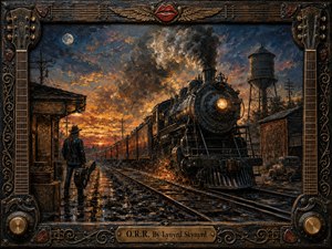 A roaring steam locomotive charges through a rain-darkened Southern rail yard at fiery dusk, watched by a lone traveler holding a guitar case. Deep blues, smoky blacks, ember orange, and tarnished gold create a dramatic mood. Thick painterly textures, glowing reflections, sparks, moonlight, and an ornate guitar-inspired frame complete the rugged composition.