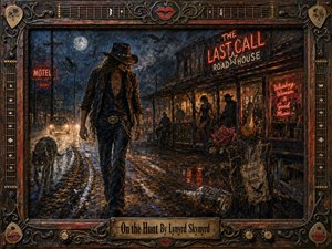 A lone, hat-shadowed drifter strides along a rain-slick Southern roadside beside a prowling dark dog, passing a glowing roadhouse under a full moon. Neon reds, whiskey golds, midnight blues, and wet reflections create a tense, seductive mood. Rugged painterly textures, guitars, roses, vultures, and ornate musical framing intensify the outlaw atmosphere.