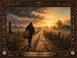 A lone traveler walks a muddy country road toward a glowing sunrise, carrying a weathered bag beneath storm clouds giving way to golden light. Broken fences, wild grasses, distant trees, and a welcoming farmhouse create a reflective Southern landscape. Rich painterly textures and an ornate guitar-inspired frame reinforce resilience, hardship, and quiet hope.