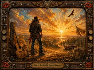 A lone long-haired traveler stands beside a weathered guitar, gazing across a vast countryside toward a blazing golden sunset. Warm amber, orange, blue, and earthy tones create a reflective, resilient mood. Dramatic rays, soaring birds, wild grasses, an old car, and an ornate music-inspired frame enrich the richly textured painted composition.