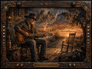 An older guitarist plays quietly on a weathered Southern porch at sunset, surrounded by ghostly memories of past performances and swirling musical notes. Warm amber, copper, and deep blue tones create a nostalgic, reflective mood, while an empty chair, open road, guitar case, and ornate instrument-themed frame enrich the detailed painterly composition.