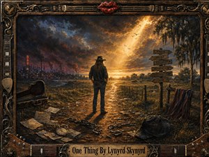 A lone long-haired figure stands on a rugged country road beneath storm-darkened skies, facing a radiant golden horizon. Broken chains, scattered papers, a pocket watch, and directional signs symbolize discarded burdens and inner conflict. Rich amber, blue, and earthy tones glow within a highly detailed, guitar-inspired carved frame.