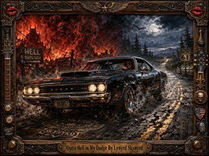 A black Dodge muscle car tears from a fiery hellscape toward a moonlit Southern highway, scattering smoke, sparks, and broken asphalt. Infernal reds and oranges contrast with cool blue night tones, while dramatic cinematic lighting, gritty painted textures, skull imagery, road signs, and an ornate rock-inspired frame amplify the rebellious, high-energy mood.