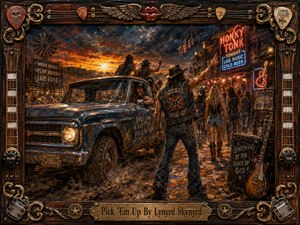 A weathered blue pickup rolls into a muddy honky-tonk at sunset, surrounded by cheering Southern rock fans under neon signs and a blazing sky. Warm amber light, deep shadows, and glossy reflections heighten the rowdy, nostalgic mood. The richly painted scene is enclosed by an ornate guitar-themed frame with a brass title plaque.