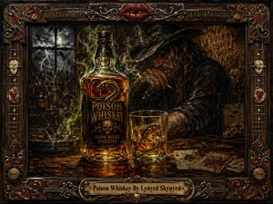 A brooding whiskey-soaked bar scene centers on a glowing bottle and glass of Poison Whiskey, their amber light cutting through murky smoke and shadow. A weary long-haired man slumps nearby beneath stormy moonlit windows, while cards, skull motifs, and ominous graffiti deepen the danger. The richly painted artwork is framed in ornate, music-inspired carved metal and wood.