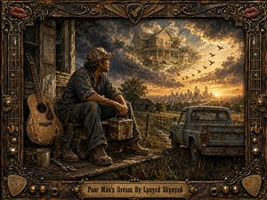 A weary working man sits beside a weathered porch, battered guitar, rusty pickup, and worn tools, gazing toward a glowing city beneath a dreamlike farmhouse in the clouds. Rich browns, smoky blues, and amber sunset light create a reflective, hopeful mood, framed by ornate carved wood, bronze hardware, and musical details.