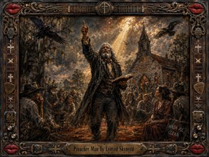 A fiery revival preacher stands at the center of a storm-dark Southern gathering, Bible in hand and finger raised beneath shafts of golden light. Earthy browns, smoky grays, and ember reds shape the dramatic painted scene, while crows, a weathered church, and an ornate guitar-themed frame intensify its raw, gothic intensity.