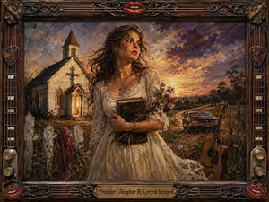 A windswept young woman in a lace dress stands beside a glowing country church at twilight, clutching a worn book and wildflowers. A vintage car and guitar suggest escape and rebellion along a dusty road. Warm amber, crimson, violet, and brown tones enrich the textured Southern Gothic painting and ornate musical frame.
