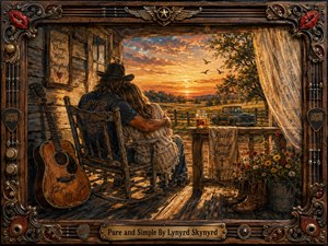 A warmly lit, richly textured painting shows a couple embracing in weathered rocking chairs on a rustic porch at sunset, gazing over fields, a fence, and an old pickup truck. Golden skies, wildflowers, boots, a guitar, and handwritten signs enhance the nostalgic, tender mood, all enclosed in an ornate music-themed decorative frame.