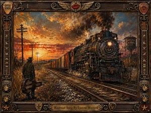 A powerful black freight locomotive thunders through a rural Southern landscape at sunset, trailing smoke beneath a fiery orange and blue-gray sky. A lone traveler with a weathered guitar case watches beside the tracks. Rich oil-paint textures, glowing rails, telegraph poles, and an ornate music-themed frame create a rugged, nostalgic mood.