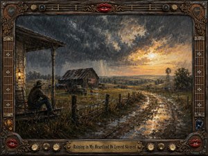 A solitary figure watches rain sweep across a weathered Southern farm, where a muddy road reflects a glowing break in the storm. Deep grays, earthy browns, muted greens, and warm golds create a nostalgic, resilient mood. Richly textured oil-style brushwork is enclosed by an ornate, music-inspired rustic frame.