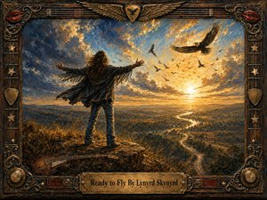 A lone long-haired figure stands on a rocky overlook with arms spread toward a radiant golden horizon, surrounded by soaring birds and a sweeping river valley. Dramatic blue-gray clouds frame the warm sunset, while rich oil-paint textures, a resting guitar, and an ornate weathered musical frame create a triumphant, liberating Southern-rock atmosphere.