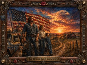 A proud working-class family stands beside a weathered pickup beneath a sweeping American flag, overlooking a rural farm road at fiery sunset. Warm oranges, deep blues, and earthy browns create a resolute, nostalgic mood. Painterly realism, dramatic rim lighting, an eagle-shaped cloud, and an ornate guitar-themed frame heighten the patriotic symbolism.