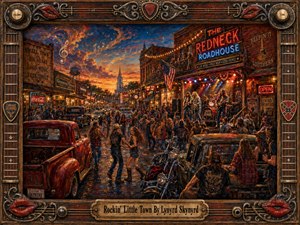 A richly textured painted scene shows a lively small-town Southern street party at sunset, with a rock band performing outside a glowing roadhouse as crowds dance among vintage trucks and motorcycles. Warm orange, red, and blue light floods the composition, while an ornate music-themed frame, guitar details, and a titled plaque heighten its celebratory, nostalgic energy.