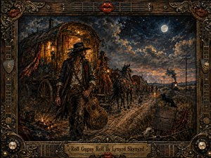 A rugged traveler with guitar stands beside a lantern-lit gypsy caravan beneath a stormy, moonlit sky, while horses, wagons, telegraph poles, and a distant train recede along a dusty road. Rich amber, bronze, crimson, and deep blue tones create a moody Southern-rock atmosphere within an ornate instrument-inspired frame.