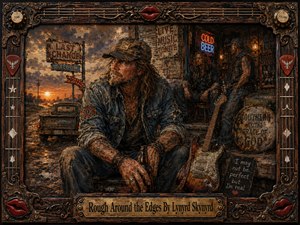 A rugged, long-haired man in worn denim sits outside a weathered roadside saloon at sunset, surrounded by guitars, neon signs, an old pickup, and fellow drifters. Warm amber light, smoky blues, rusted browns, and distressed textures create a gritty Southern-rock mood, framed by ornate wood, metal, strings, picks, and red lips.