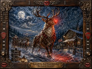 A heroic Rudolph strides through a moonlit snowstorm, his glowing red nose casting crimson light across the icy ground. A rustic Southern roadhouse, sleigh team, and distant town frame the scene beneath swirling musical clouds. Rich blues, silvers, reds, and amber highlights enhance the dramatic, textured oil-painting style and ornate rock-inspired border.