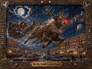 Rudolph charges through a snowy moonlit sky, his glowing red nose leading a sleigh packed with Santa and rock musicians above a festive Southern town. Deep blues, warm golds, crimson accents, flying snow, musical streaks, and vintage cars create a joyful, high-energy painted scene framed with ornate guitar-inspired details.