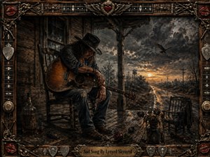 A sorrowful long-haired guitarist sits slumped on a weathered porch at sunset, cradling a worn acoustic guitar as a rain-slick road fades into a stormy Southern landscape. Painted in dark, earthy tones with glowing amber light, the scene feels mournful and cinematic, enclosed by an ornate, music-themed frame rich with carved detail.