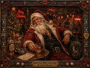 A roguish Santa lounges in a smoky Southern blues bar, whiskey in hand, surrounded by Christmas lights, a glowing tree, live musicians, and warm tavern shadows. Deep reds, amber golds, and dark browns enrich the textured oil-painted scene, framed with ornate wood, metalwork, guitar details, red lips, and a bronze title plate.