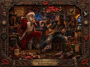 A wild, hand-painted Southern rock Christmas scene shows a swaggering Santa in red velvet facing off with a young guitarist inside a smoky roadside bar. Warm amber and crimson light, neon signs, scattered wrapping paper, whiskey bottles, laughing patrons, and an ornate music-themed frame create a gritty, festive, rebellious mood.
